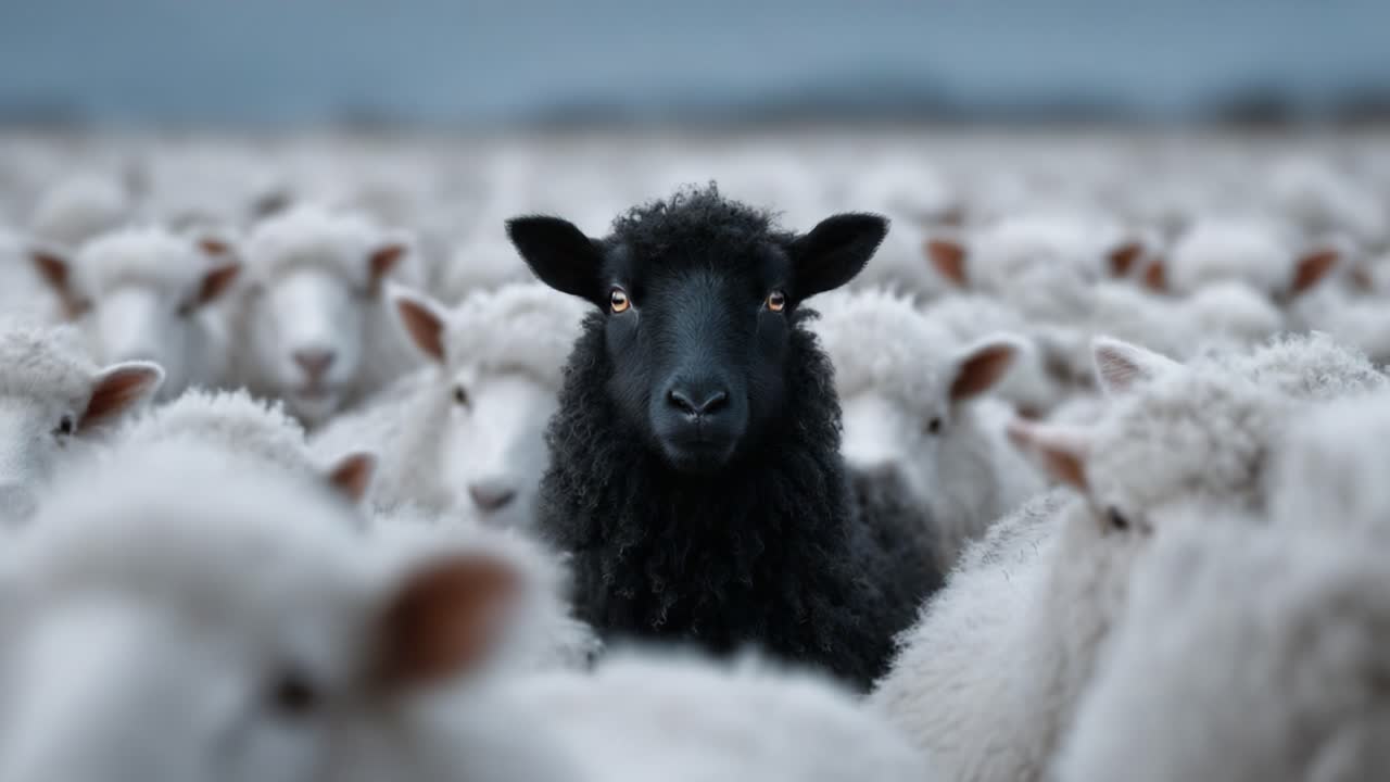 A striking contrast among the flock: a black sheep stands out amidst a sea of white woolly companions, embodying uniqueness in a herd of conformity