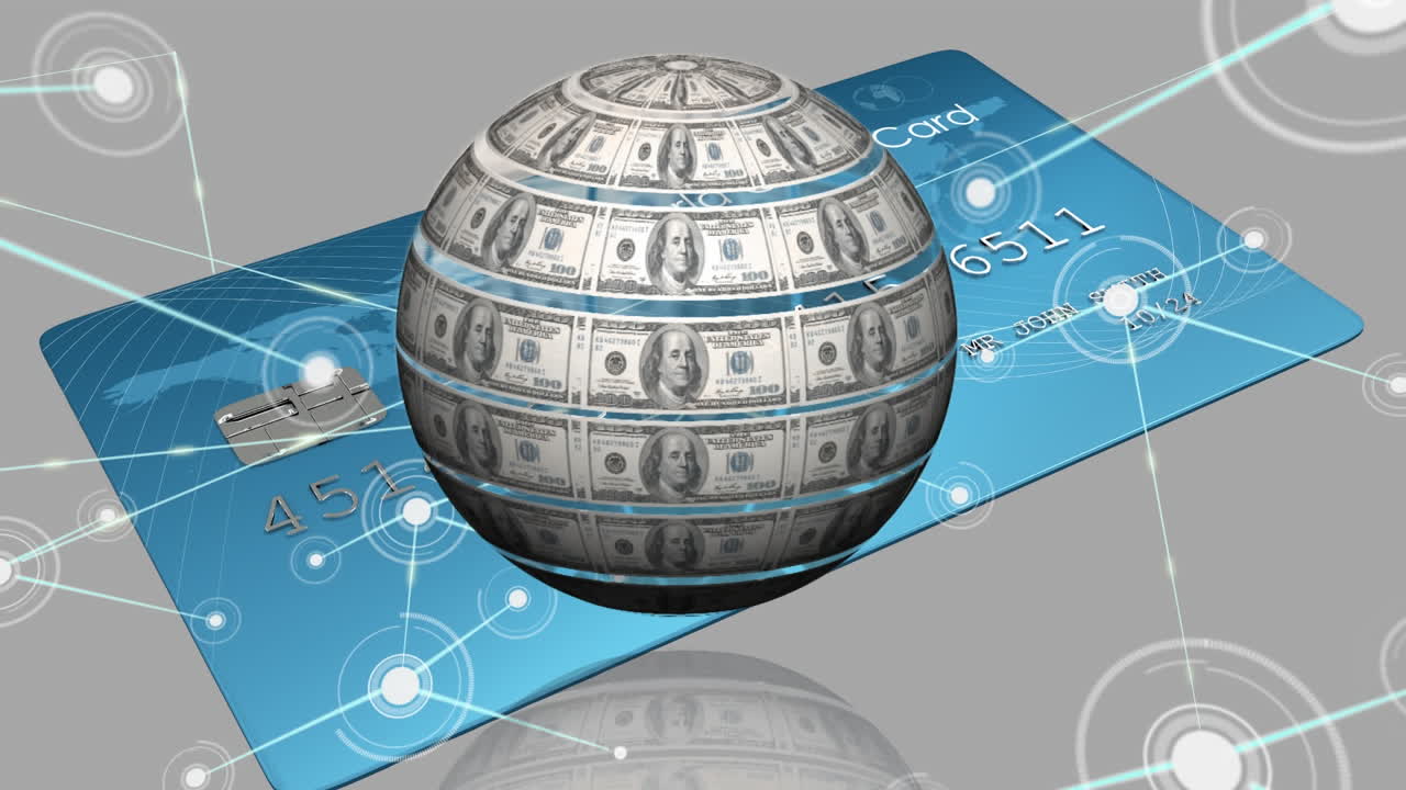 연결 네트워크의 애니메이션, 달러와 은행 카드로 만든 지구