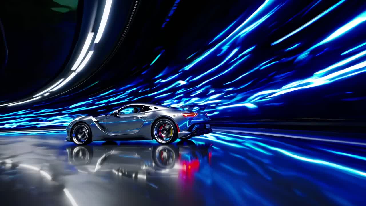 Dynamic video concept with a sports car in a futuristic tunnel
