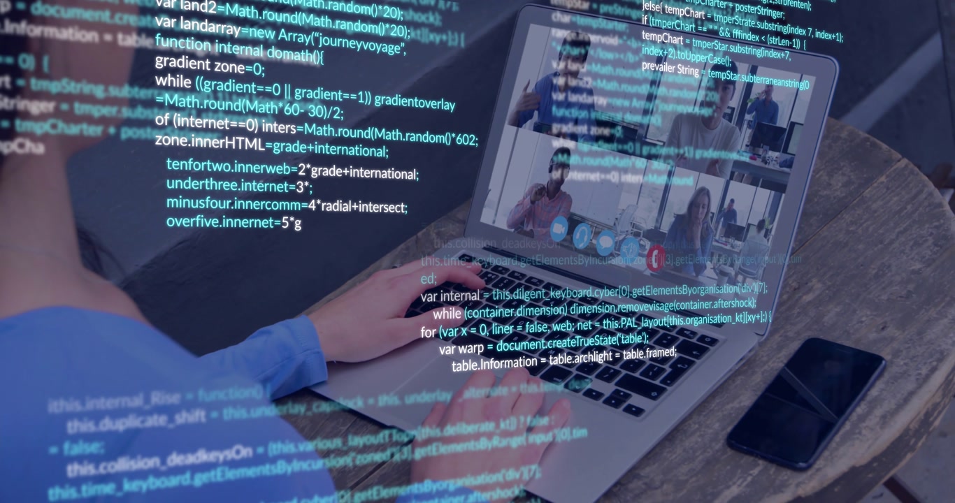 Typist typing on laptop, initiating code overlay spreading over keys and call grid for tech meeting