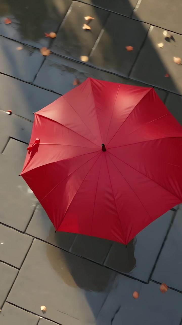 Video verticale: Inquadratura dall'alto di un adulto che cammina su un sentiero, con un cappotto e un ombrello rosso, tra le foglie.