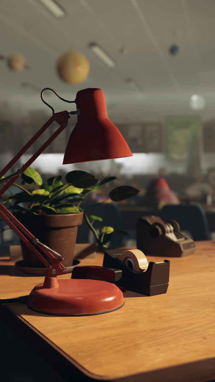 lámpara de escritorio roja en un escritorio con una planta y un dispensador de cinta