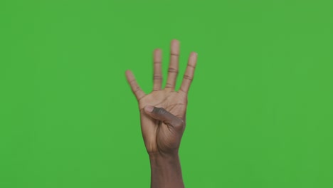 manos gestando los números tres y cinco en una pantalla verde
