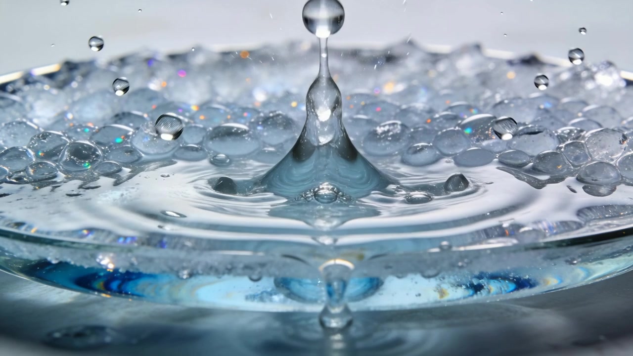 Fallender Tropfen trifft auf Oberfläche, erzeugt Säule und Wellen auf Glasschale mit Hydrogelperlen
