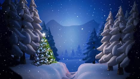 Snow-falling-over-multiple-trees-and-christmas-tree-on-winter-landscape-against-night-sky