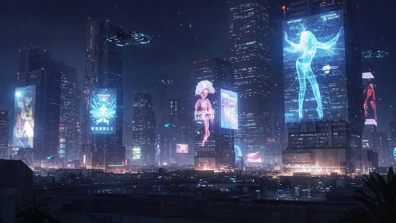 A Stunning Nighttime Cityscape of Futuristic Skyscrapers Illuminated by Neon Advertisements and Holographic Displays, Set Against a Starry Sky with Hovering Vehicles