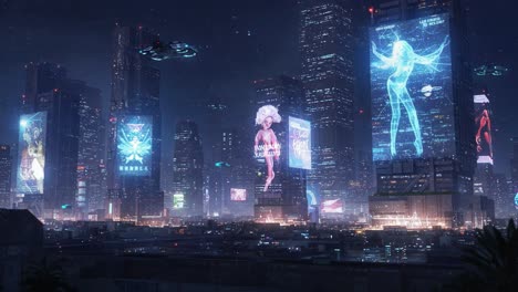 a stunning nighttime cityscape of futuristic skyscrapers illuminated by neon advertisements and holographic displays, set against a starry sky with hovering vehicles