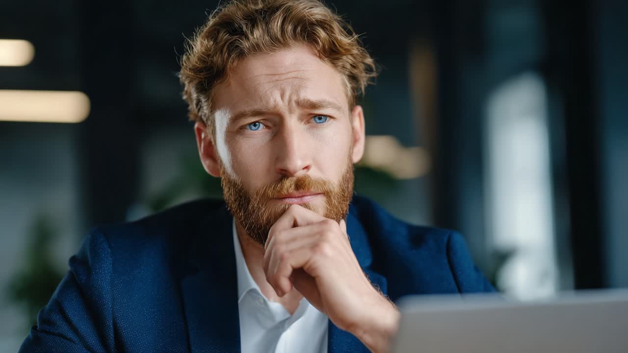 Contemplative Professional: A Close-Up of a Thoughtful Man with a Stylish Beard Deep in Thought While Working at His Laptop in a Modern Office Environment