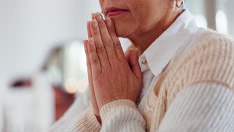 closeup, hands and senior woman with prayer