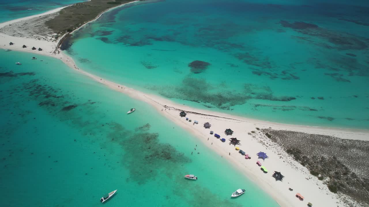 A tropical beach with turquoise waters, boats, and sun umbrellas, aerial view
