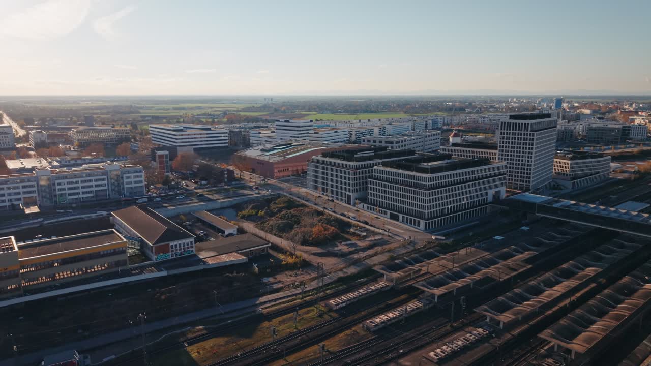 Architectural Precision: Drone Perspective of Modern Facades and Grid-Like Layout in Heidelberg's Sustainable Urban District