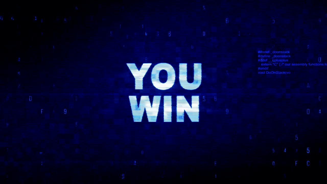 YOU WIN Text Digital Noise Twitch Glitch Distortion Effect Error Animation.