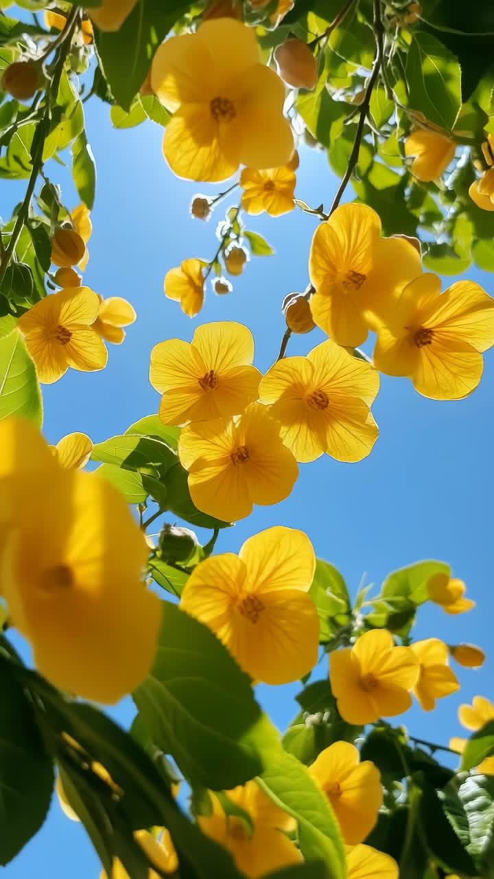 Vibrant yellow flowers against a clear blue sky, captured from a low angle