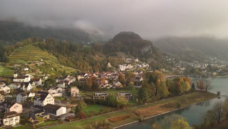 autumn switzerland small swiss village weesen st. glarus canton, aerial drone