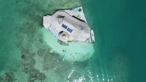 Artificial-Island-in-Tropical-Paradise-of-the-Columbian-Caribbean,-Aerial-Top-Down