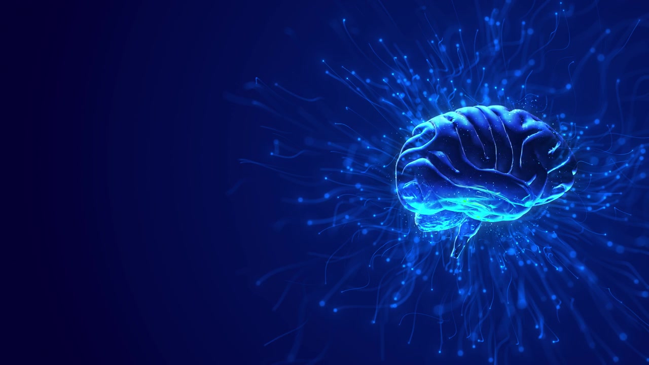 Glowing digital brain neural visual with blue light trails scattered particles and futuristic