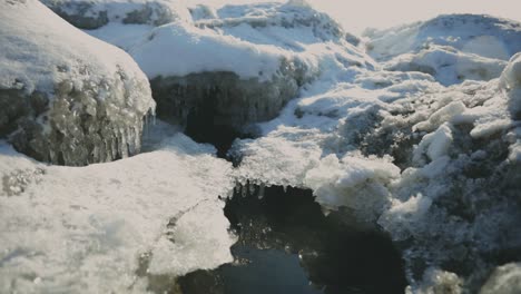 Sunlight-Through-Ice-Formations-Onto-Frozen-Rocks-In-Lake