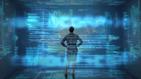 businesswoman looking at futuristic screen