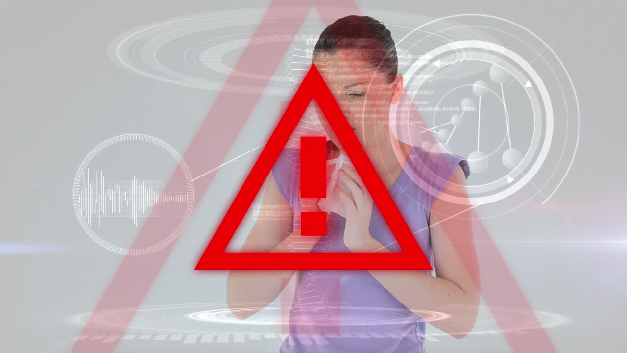 signo de advertencia de triángulo rojo sobre una mujer enferma en el fondo. propagación de covid-19