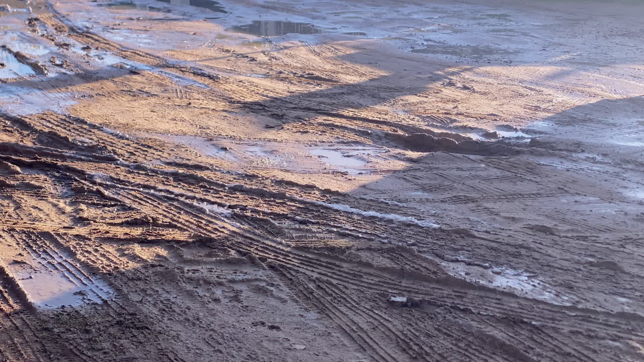 Mud tracks and rain puddles reflect soft morning light on a sandy coastal access road after rainfall