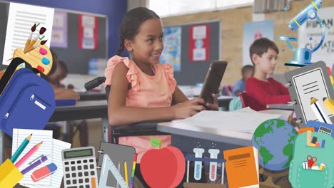 animación de iconos escolares sobre escolares que usan tableta en el aula