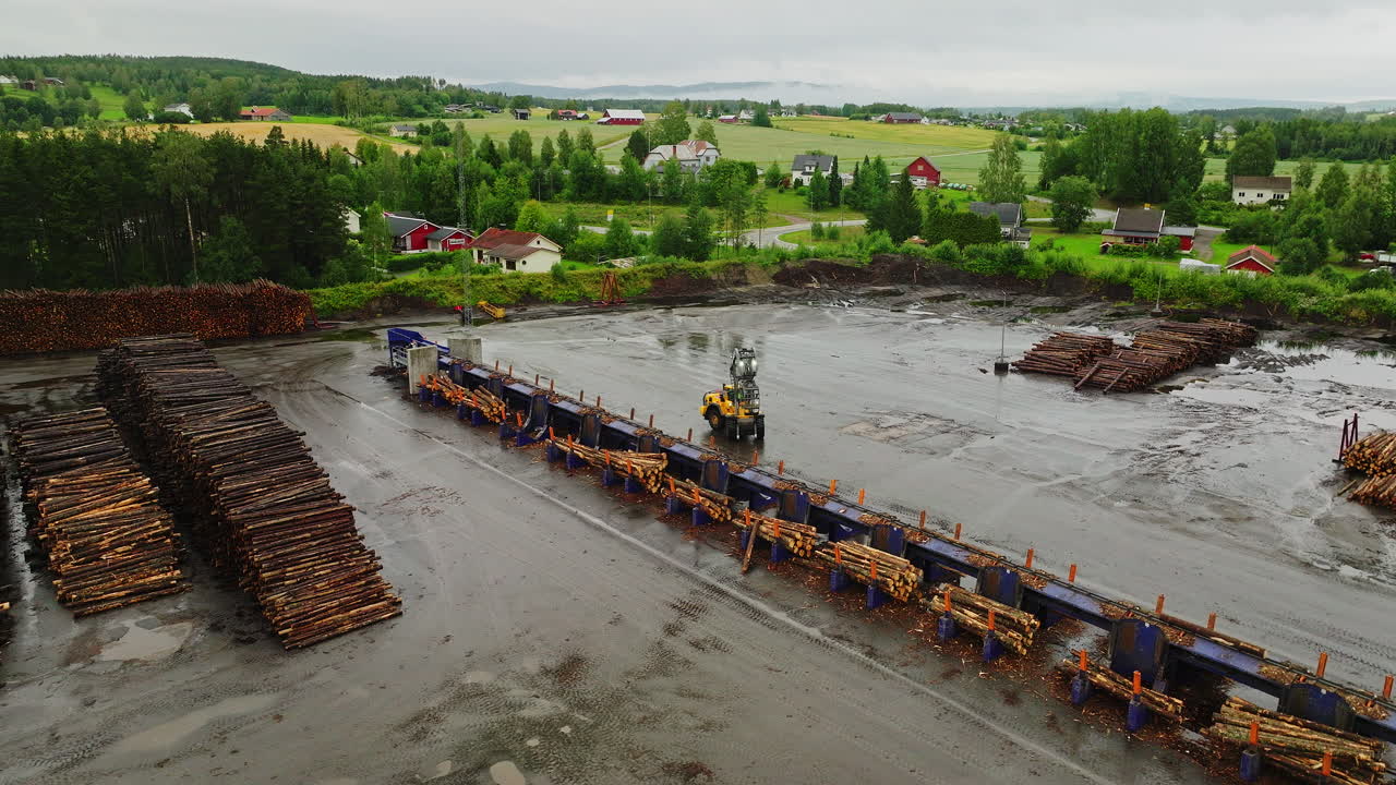 Factory line with processed logs and heavy machine operating in yard