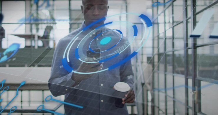 Drinking worker in buttoned shirt holding phone and cup, reading while AR HUD appearing in atrium