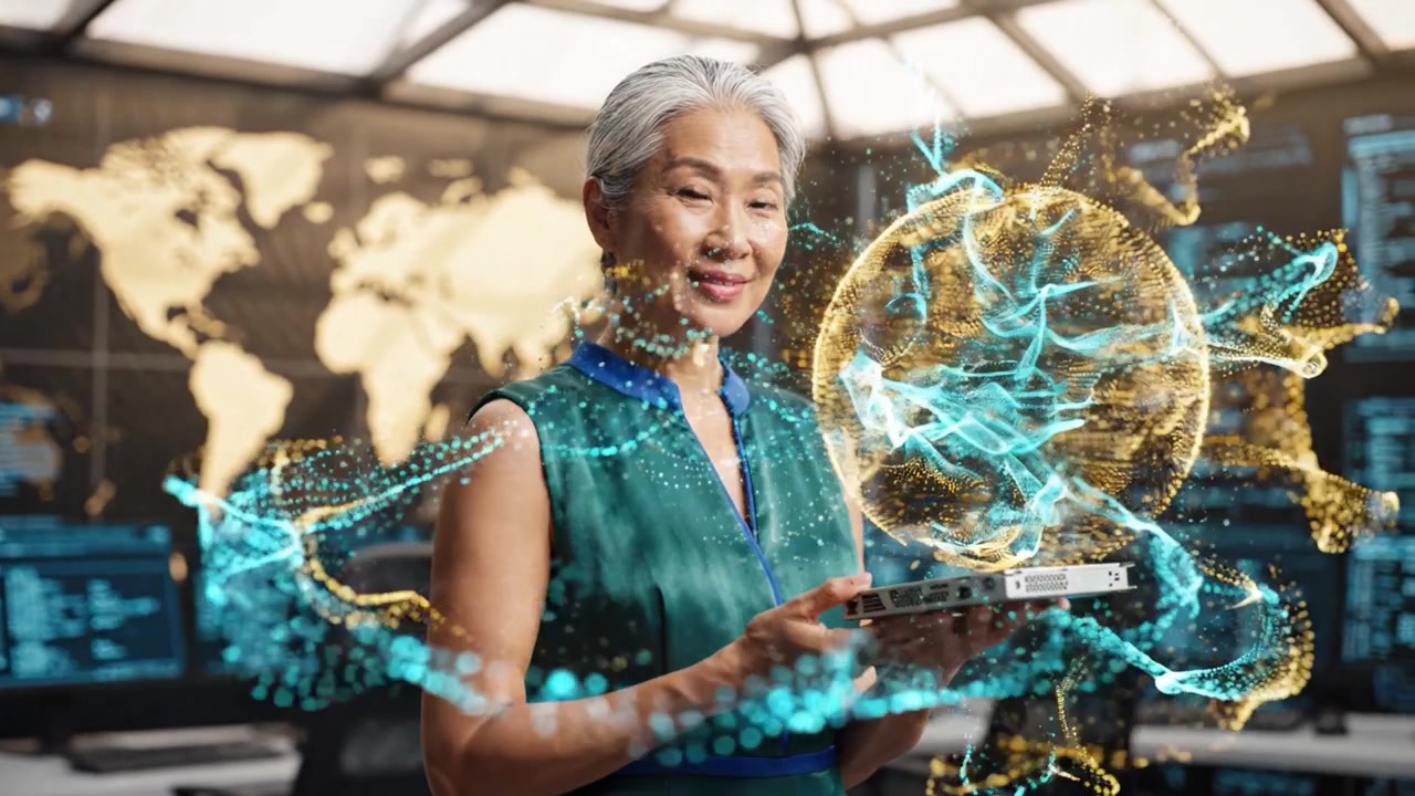 A confident woman in a modern digital environment showcases technological innovation, holding a device that enables interaction with a vibrant holographic globe.