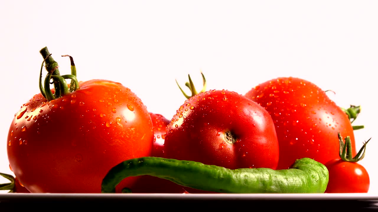 토마토와 녹색 고추를 접시로 회전시키고, 루프로 회전시니다.