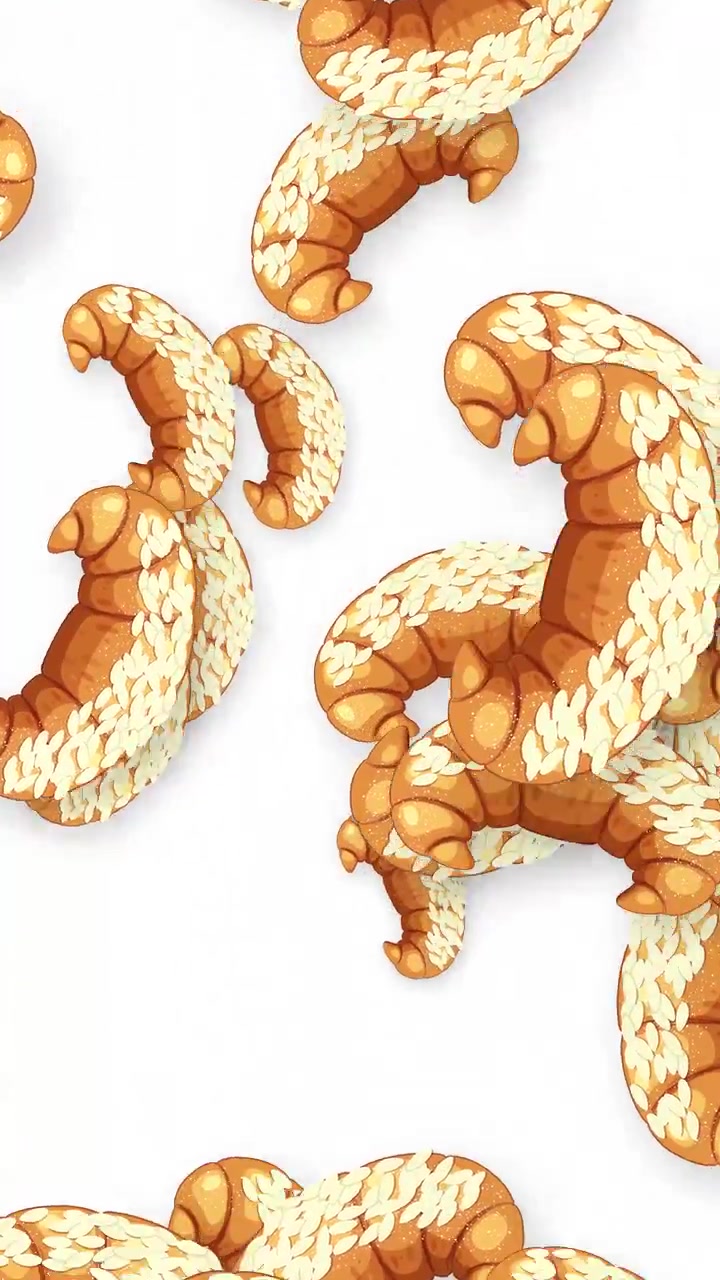 Cartoon croissants fall and bounce in a dynamic animation against a plain white background.