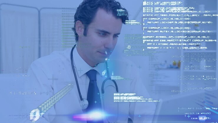 Animation of data processing against caucasian male doctor using computer at hospital