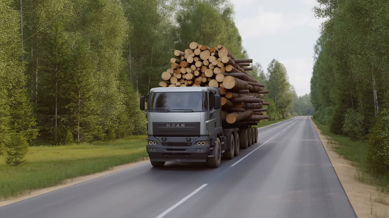 Logging truck transporting timber through a forest