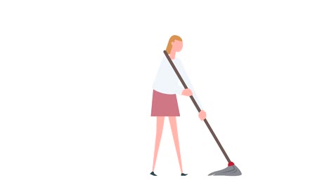 flat cartoon colorful woman character animation. girl washes floor mopping situation