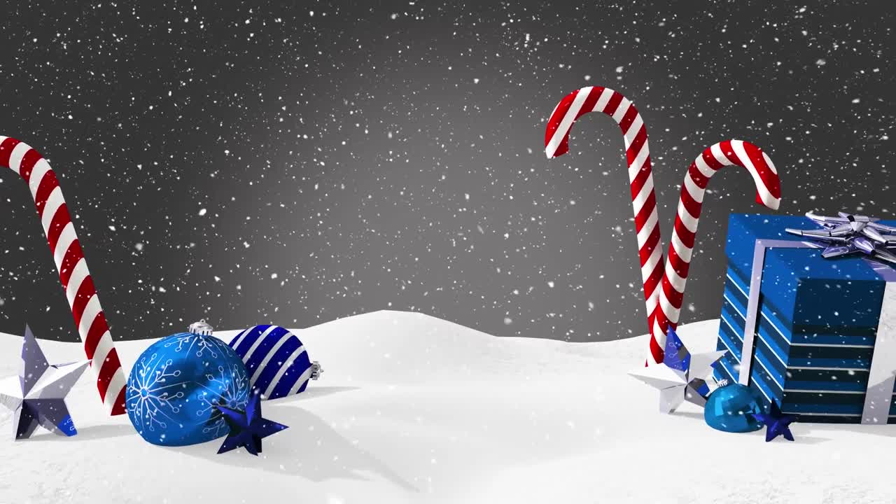 animación de la nieve cayendo sobre los dulces de navidad y presente