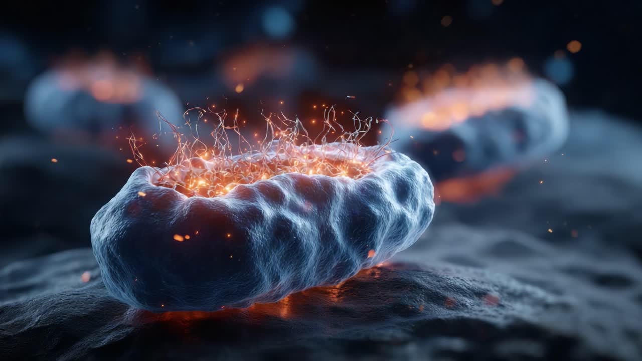 Intriguing Microbial Structures Erupting with Luminous Energy, Showcasing Dynamic Interactions in a Scientific Exploration of Microscopic Life Forms