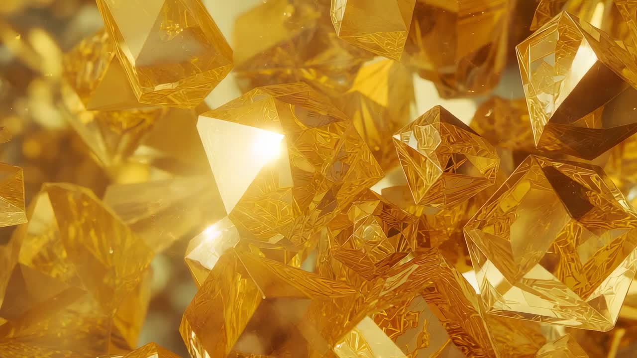 Soft light initiating golden polyhedra rotating in abstract space, camera pushing through layers