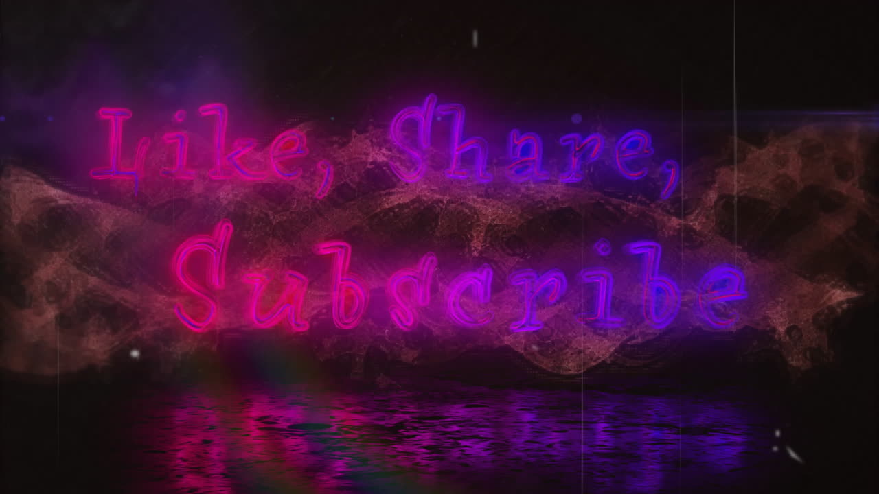 Animation of neon text Like, Share, Subscribe over colorful abstract background