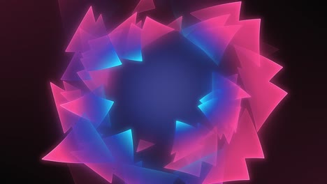 randomly positioned curved gradient and translucent triangle shape animation, where the shape elements are rotating clockwise while slowly orienting themselves into a circle formation
