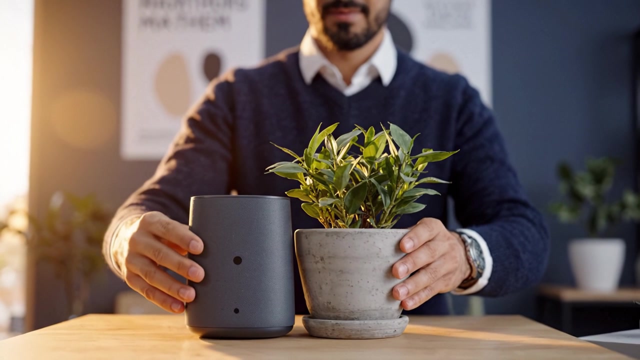En mand placerer en potteplante ved siden af en smart enhed på et bord i et moderne interiør med dekorative elementer og naturligt lys, der fylder scenen.