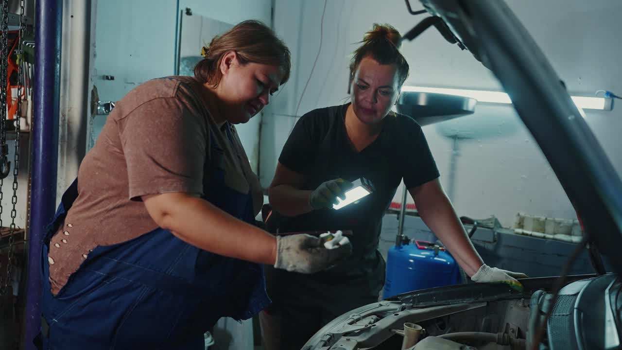 Two Women Mechanics Working on a Car