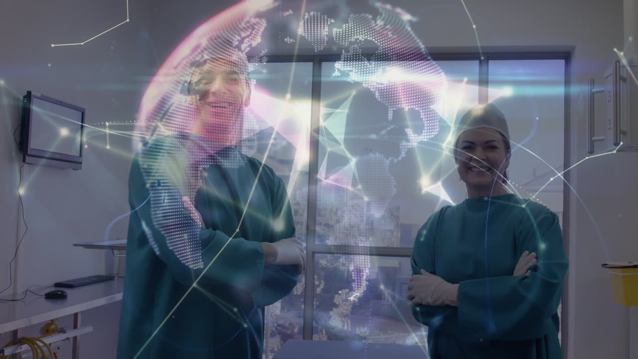 animación de la red de conexiones y el globo sobre cirujanos caucásicos hablando