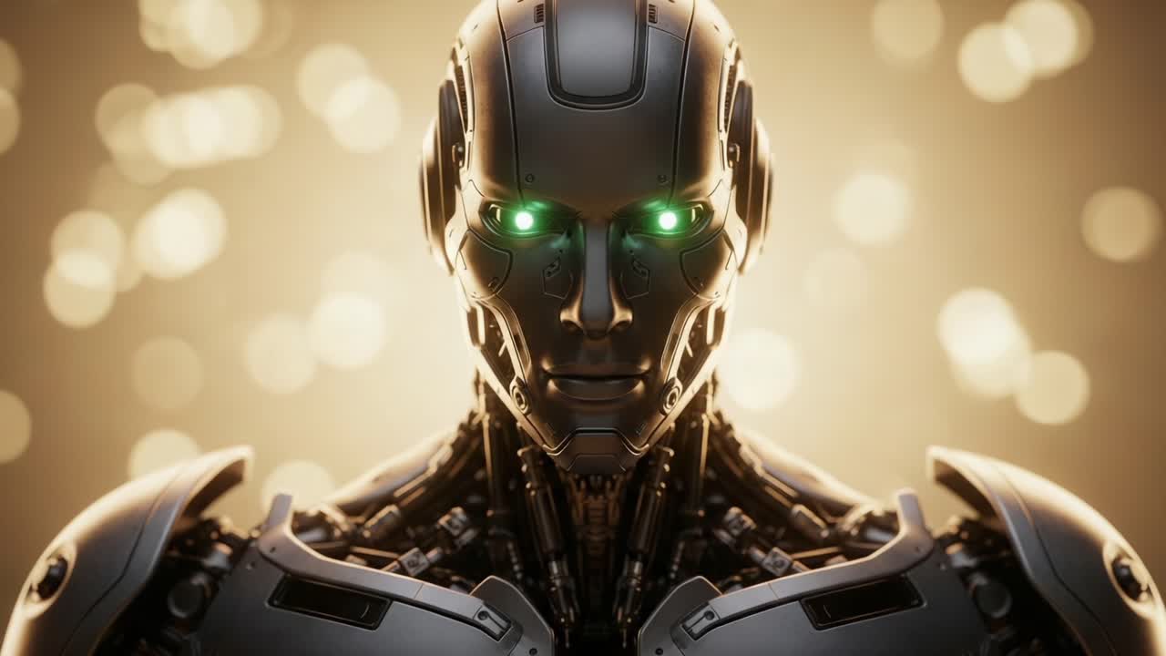 A futuristic humanoid robot showcases advanced technology with luminous green eyes, set against a backdrop of shimmering bokeh lights, highlighting the essence of robotic innovation