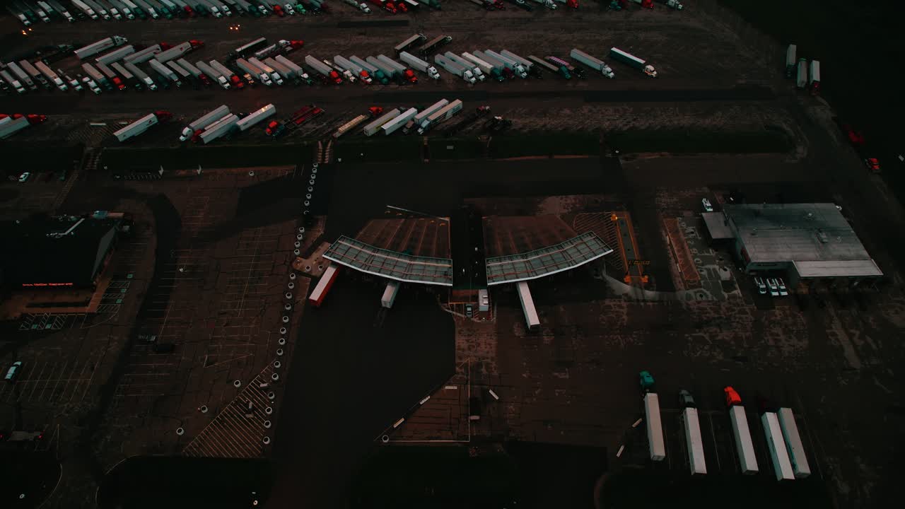 Aerial view over a truck stop at night in wisconsin