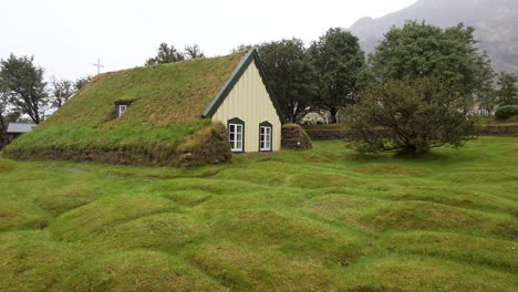 hofskirkja church roof covered in turf in oraefi, iceland