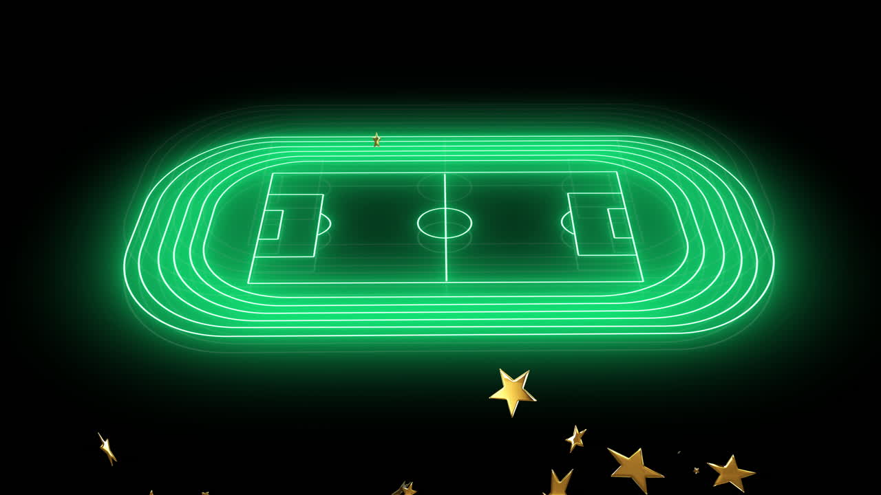 Animation of glowing green soccer field with stars on black background
