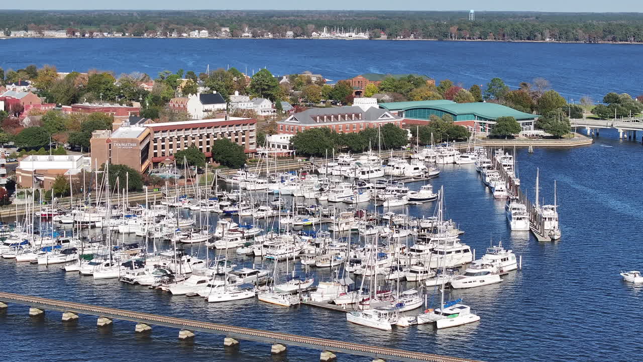 Drone shot the Downtown New Bern NC Waterfront area, with boats the marina