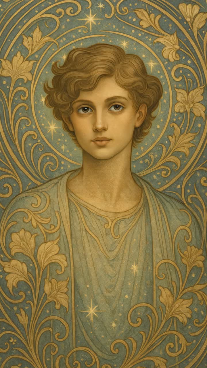 Art Nouveau portrait of a serene figure surrounded by floral motifs and stars
