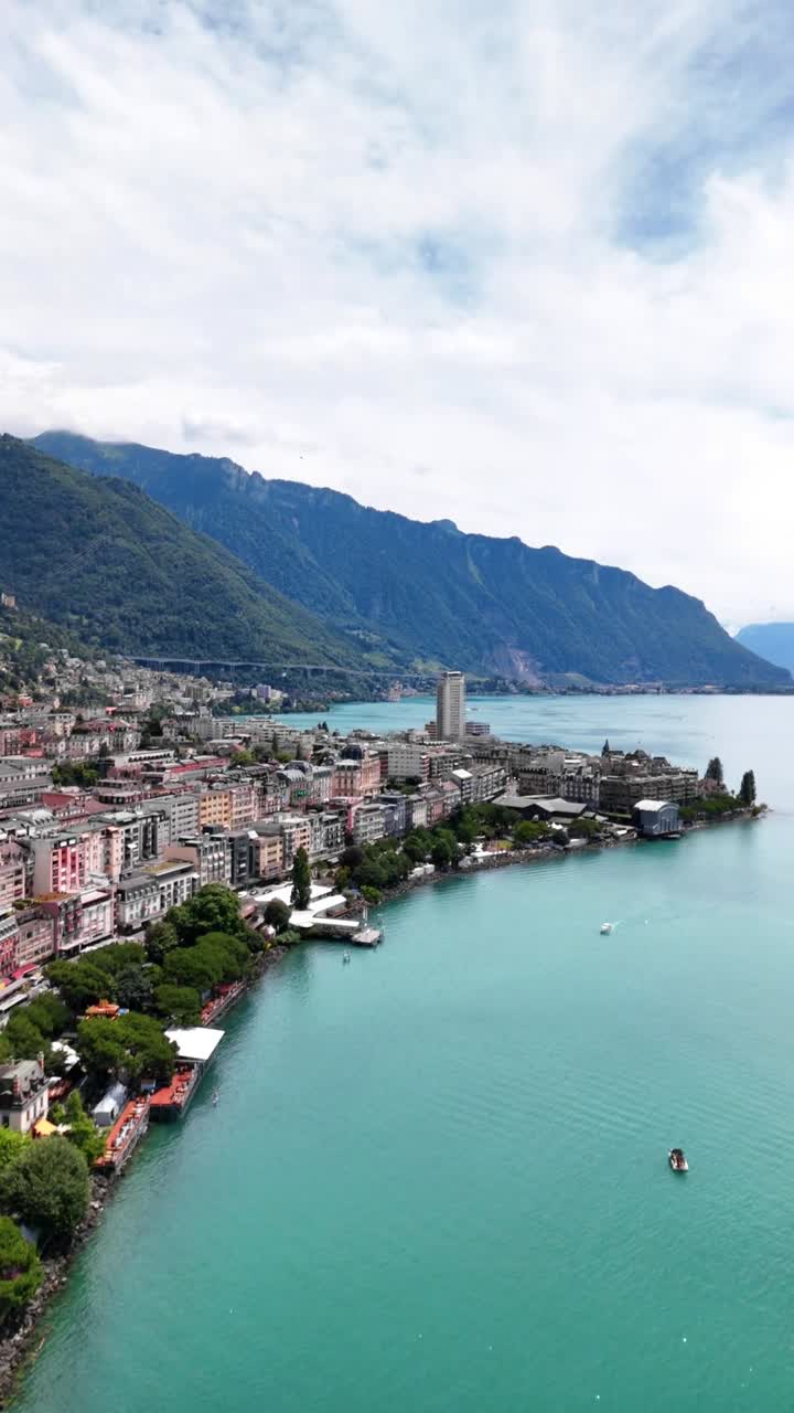 Montreux traditional resort town on Lake Geneva Switzerland, aerial drone