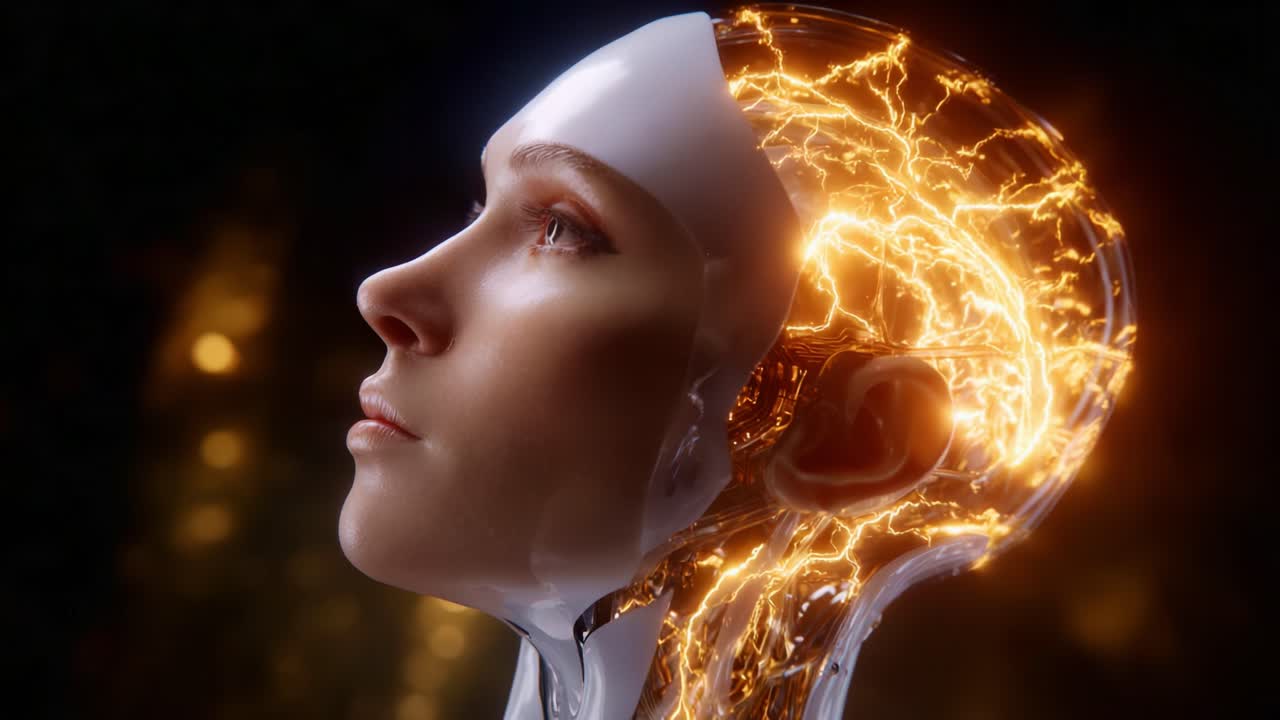 Futuristic AI: A Glimpse into the Intricate Design of a Robotic Head, Featuring Electric Energy Flowing through a Mechanically Engineered Brain Structure