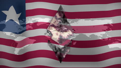 world map and diamond shape animation over waving american flag